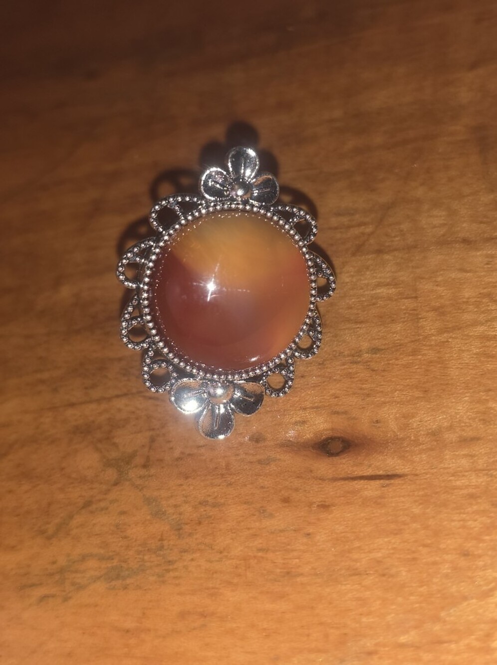 Orange Carnelian? Gemstone Inside A Silver Tone Bezel Ring, Adjustable Size